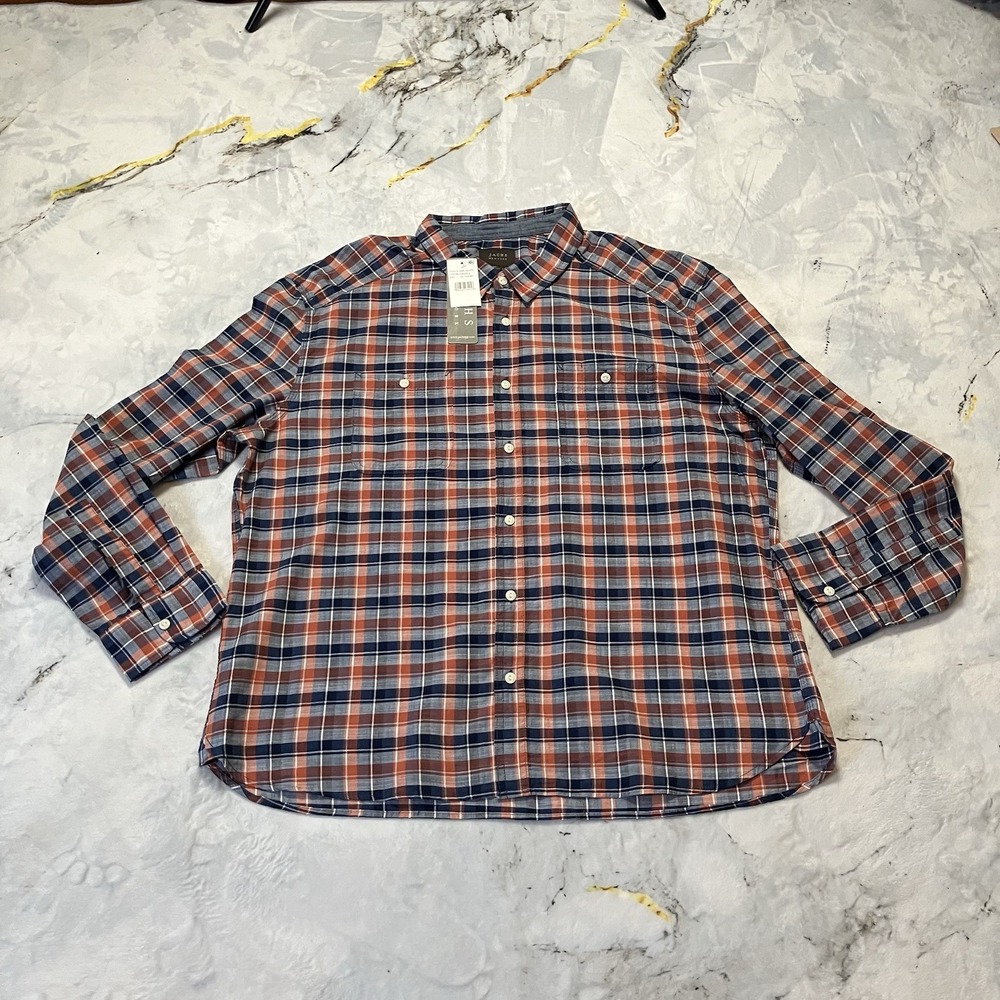 Jachs‎ New York Shirt Mens Size 2XL Short Orange Plaid Classic Fit Long Sleeve